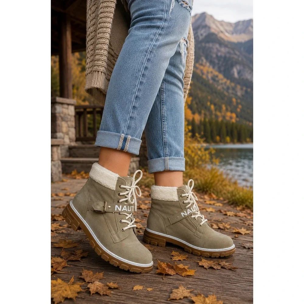 Nautica Ankle Boots Faux Shearling Lug Sole Hiking Streetstyle Tan Women's 10